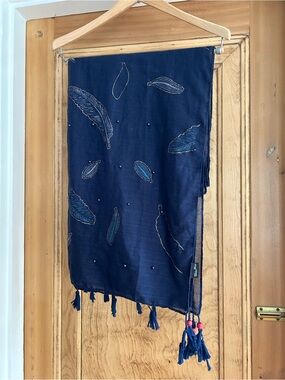 Embroidered Feather Tassel Scarf in Navy